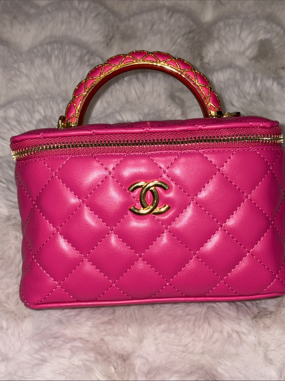 Pink Quilted Mini Vanity crossbody Bag with Gold Hardware